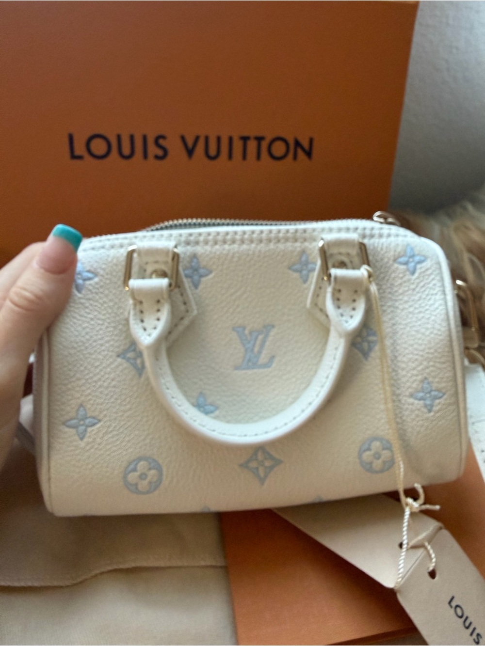 Louis Vuitton White Mini Speedy with Light Blue Monogram